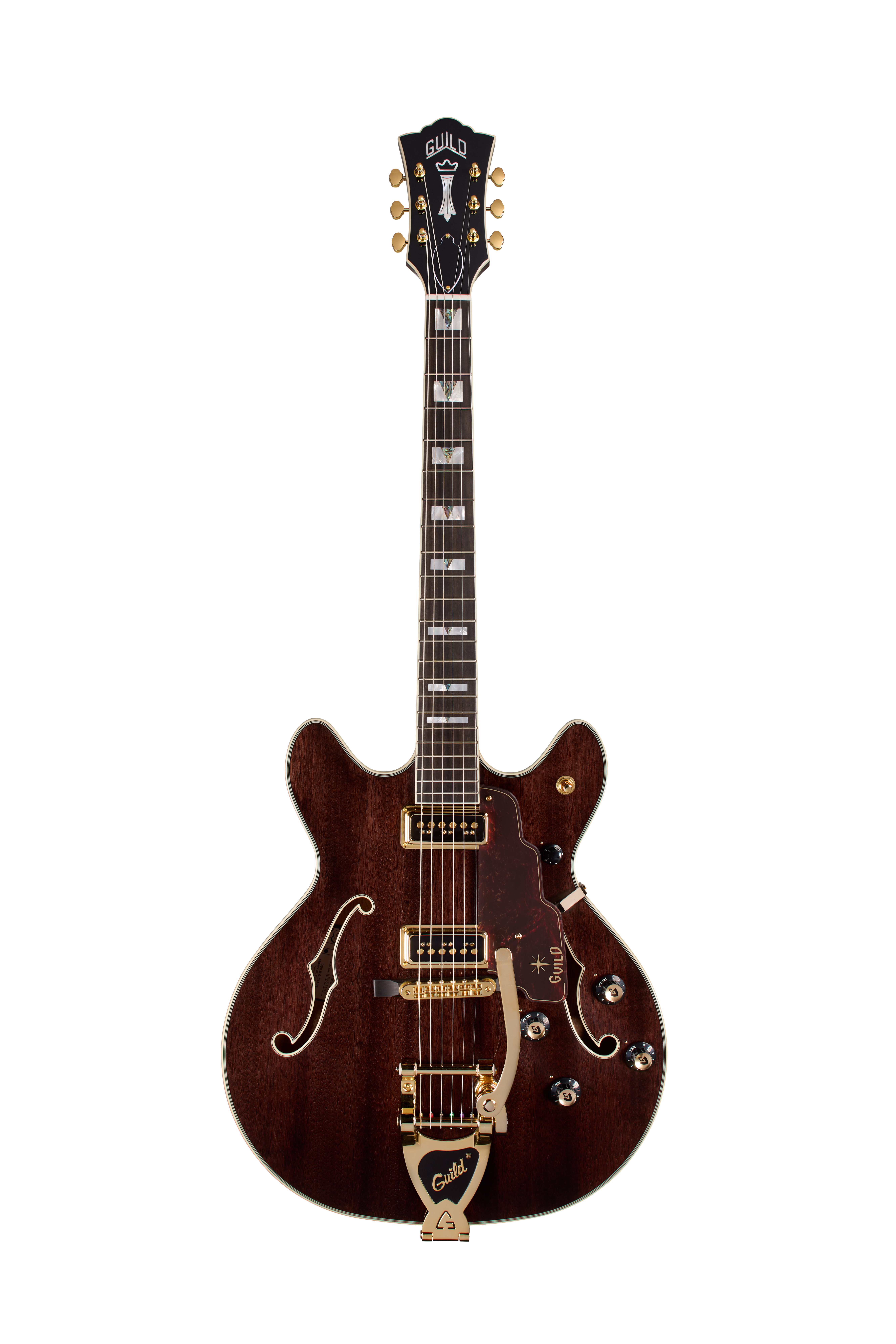 elektrische Gitarre, Hohlkörper, dunkelbraunes Holz, goldene Hardware, Doppelspulen-Tonabnehmer